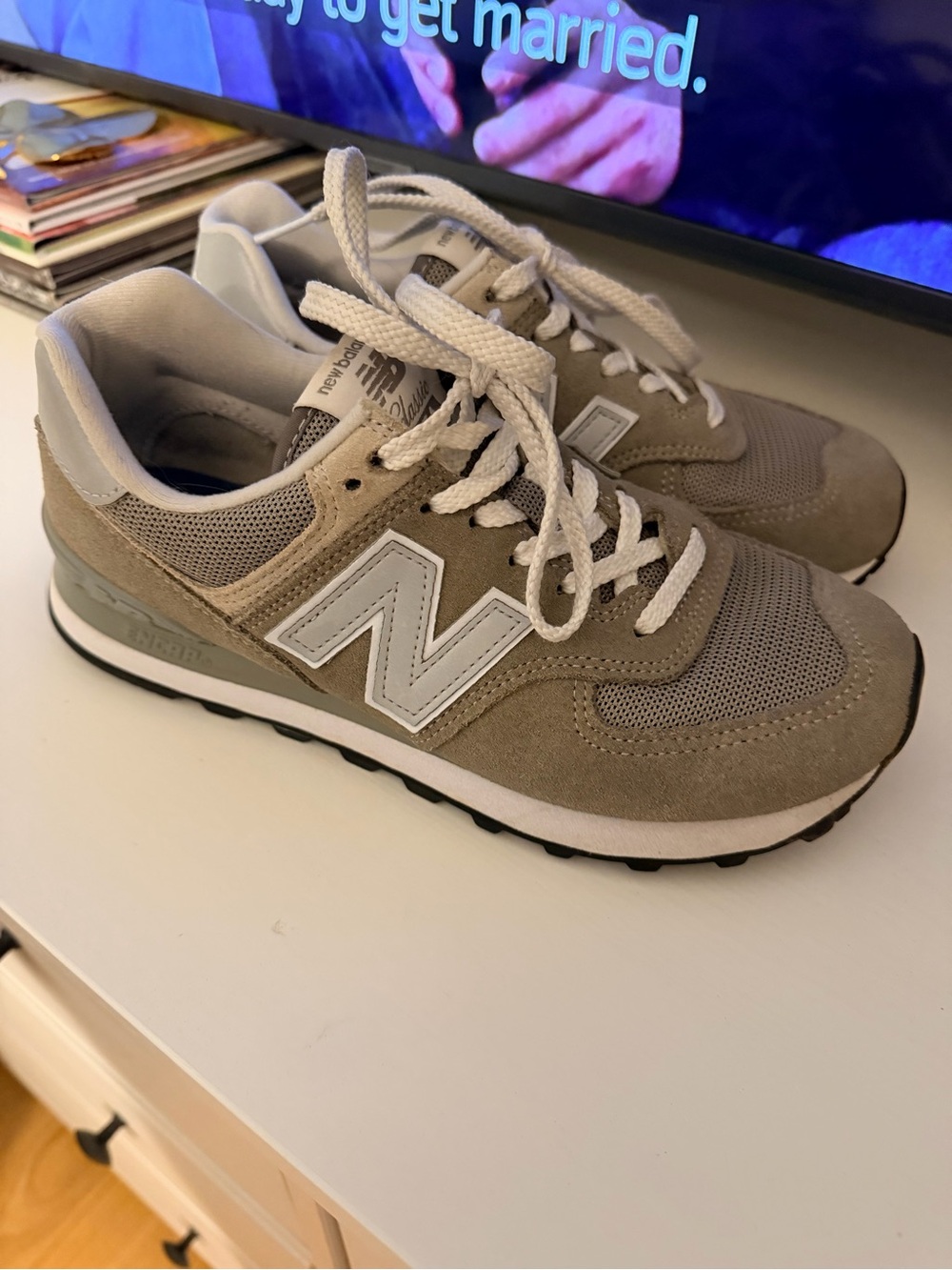 New Balance Taupe and White Suede Mesh Sneakers